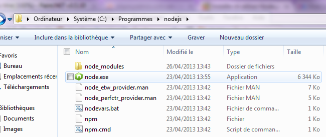 Dossier de Node.js après installation