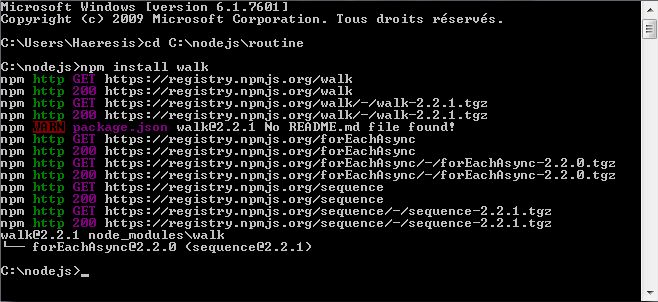 Téléchargement du module node-walk avec npm